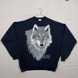 Vintage 90s Santee Heavyweight Alaska Wolf Big Graphic Sweatshirt XXXL Black